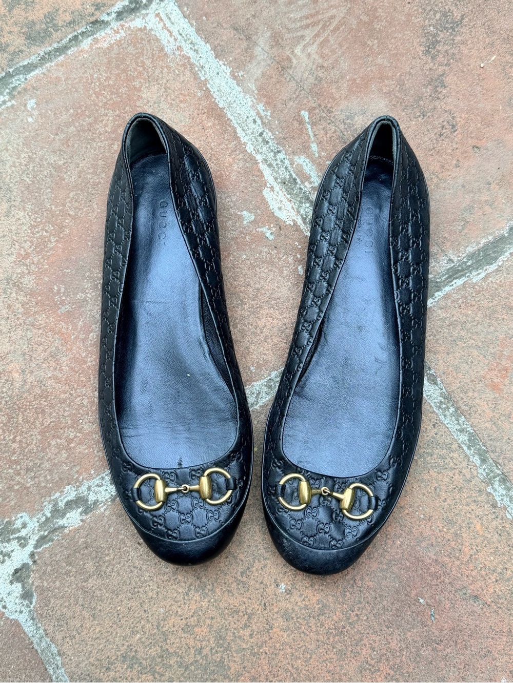 AUTH GUCCI Microguccissima Horsebit Ballet Flats Black Leather Size 39.5